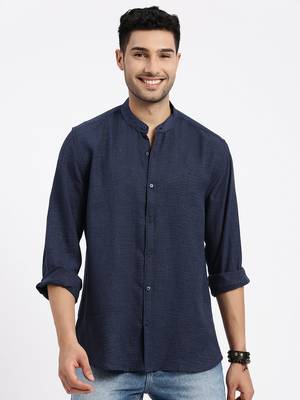 men's navy blue solid slim fit shirt 2