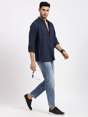men's navy blue solid slim fit shirt 5