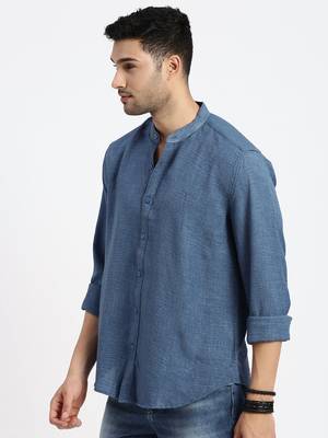men's blue solid slim fit shirt 3