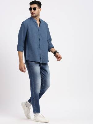 men's blue solid slim fit shirt 5