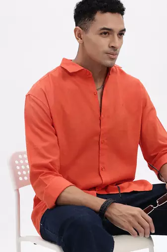 men's orange solid slim fit shirt