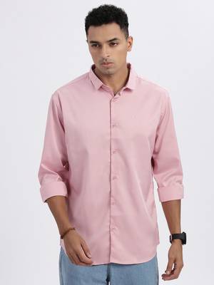 men's peach solid slim fit shirt 2