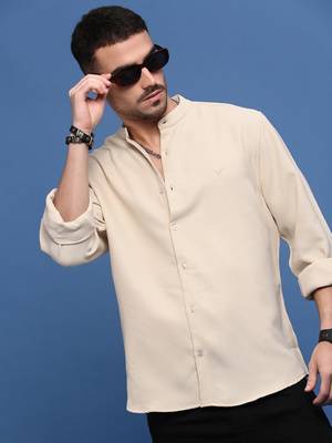 men's beige solid slim fit shirt 1