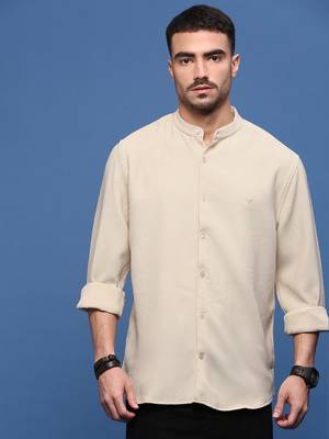 men's beige solid slim fit shirt 2