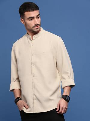 men's beige solid slim fit shirt 3