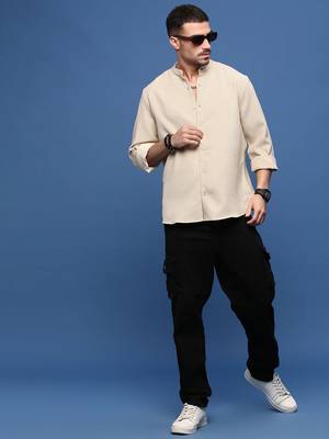 men's beige solid slim fit shirt 5