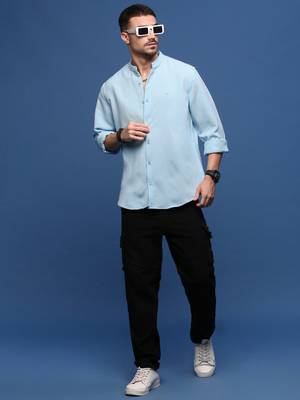 men's blue solid slim fit shirt 5