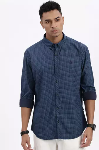 men's blue checked slim fit shirt