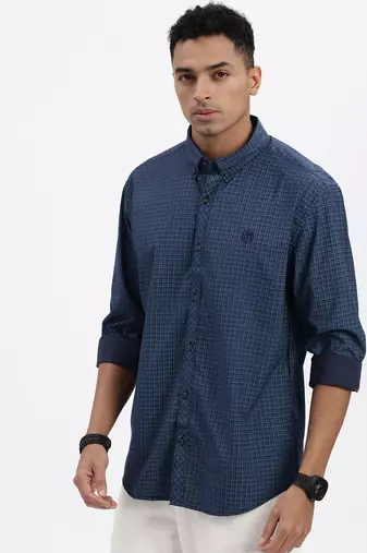 men's blue checked slim fit shirt