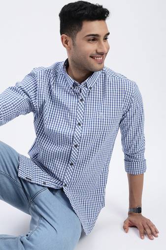 men's blue checked slim fit shirt