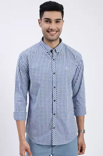 men's blue checked slim fit shirt