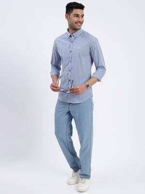 men's blue checked slim fit shirt 5