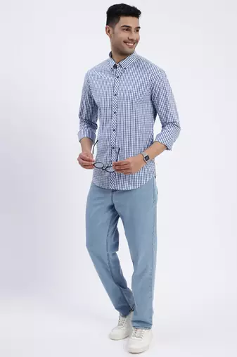 men's blue checked slim fit shirt