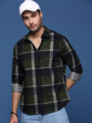 men's checked slim fit green shirt 1