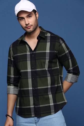 men's checked slim fit green shirt