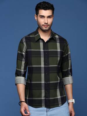 men's checked slim fit green shirt 2