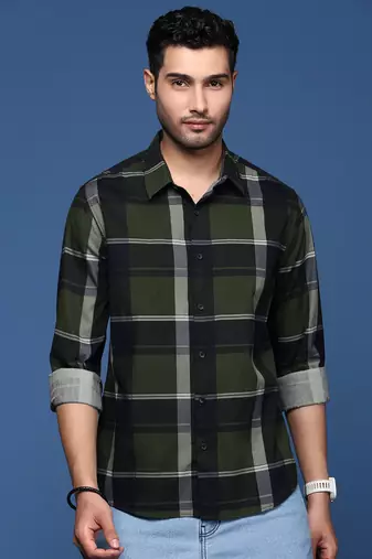 men's checked slim fit green shirt
