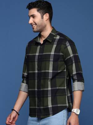 men's checked slim fit green shirt 3
