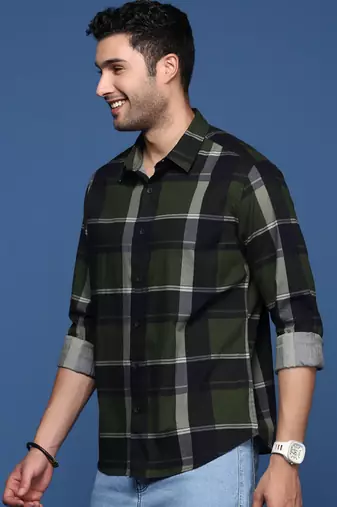 men's checked slim fit green shirt