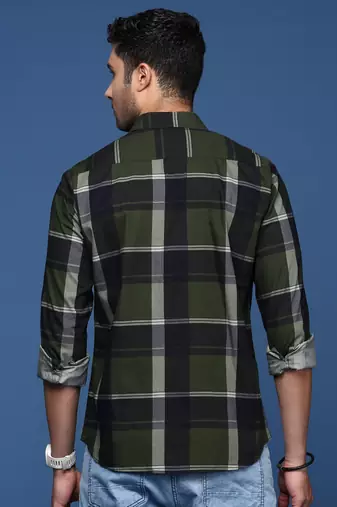 men's checked slim fit green shirt