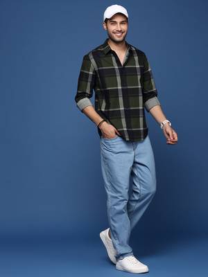 men's checked slim fit green shirt 5