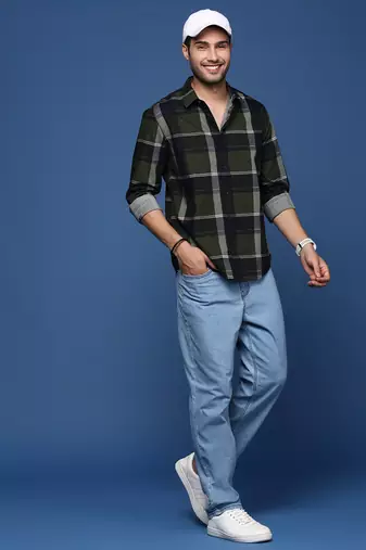 men's checked slim fit green shirt