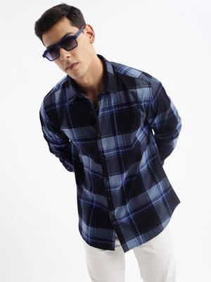 men's long sleeves tartan checks slim fit navy blue shirt 1