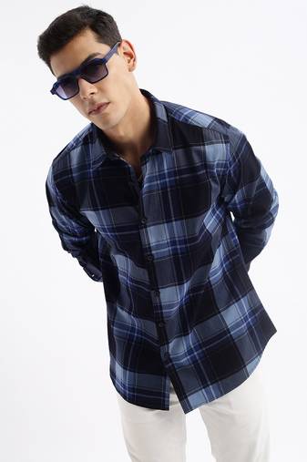 men's long sleeves tartan checks slim fit navy blue shirt