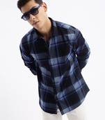 men's long sleeves tartan checks slim fit navy blue shirt