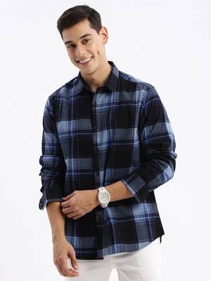 men's long sleeves tartan checks slim fit navy blue shirt 2