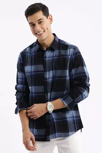 men's long sleeves tartan checks slim fit navy blue shirt