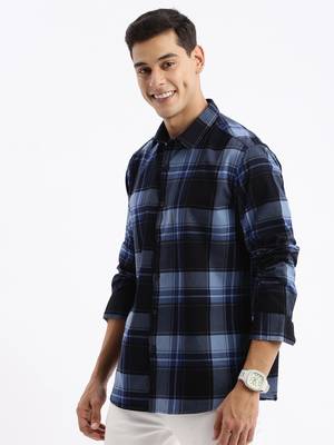 men's long sleeves tartan checks slim fit navy blue shirt 3