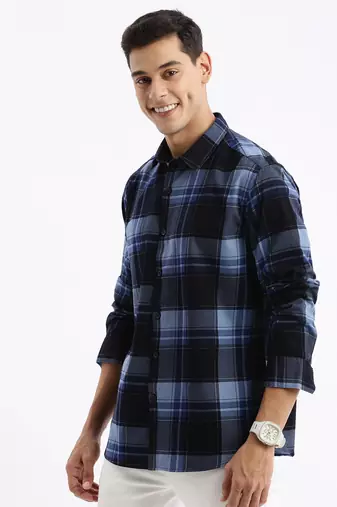 men's long sleeves tartan checks slim fit navy blue shirt