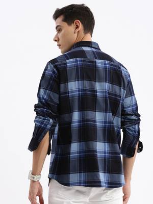 men's long sleeves tartan checks slim fit navy blue shirt 4