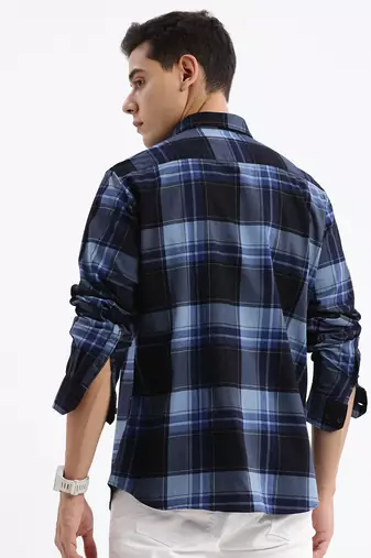 men's long sleeves tartan checks slim fit navy blue shirt