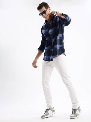 men's long sleeves tartan checks slim fit navy blue shirt 5