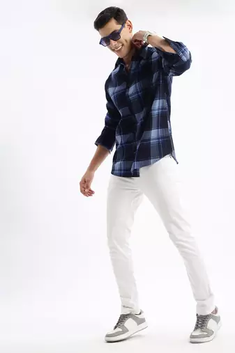 men's long sleeves tartan checks slim fit navy blue shirt