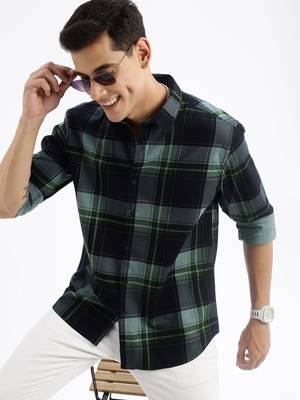 men's long sleeves tartan checks slim fit navy blue shirt 1