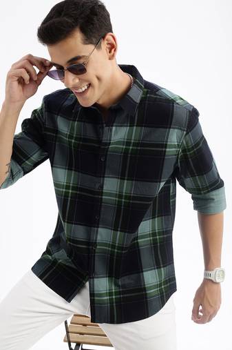 men's long sleeves tartan checks slim fit navy blue shirt
