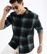 men's long sleeves tartan checks slim fit navy blue shirt