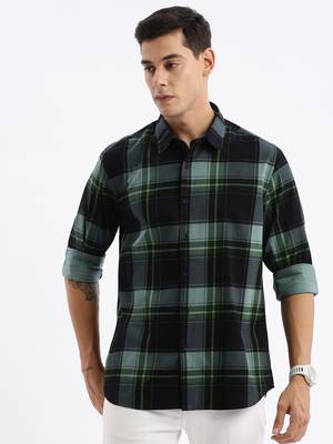 men's long sleeves tartan checks slim fit navy blue shirt 2