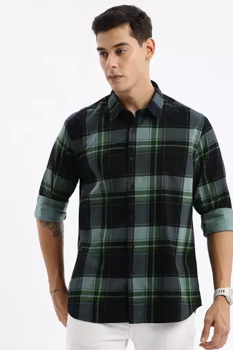 men's long sleeves tartan checks slim fit navy blue shirt