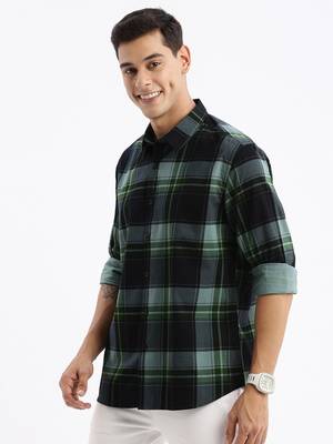 men's long sleeves tartan checks slim fit navy blue shirt 3