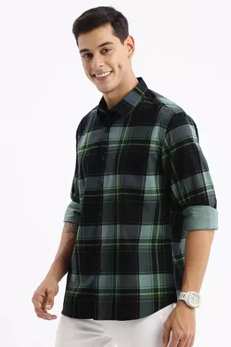 men's long sleeves tartan checks slim fit navy blue shirt