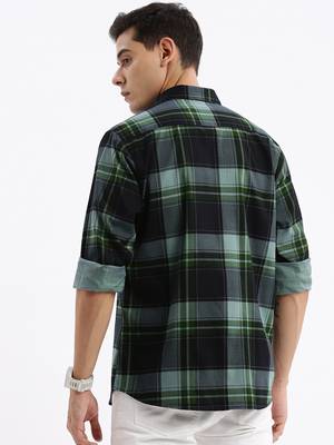 men's long sleeves tartan checks slim fit navy blue shirt 4