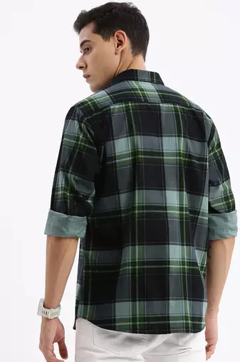 men's long sleeves tartan checks slim fit navy blue shirt