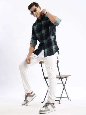 men's long sleeves tartan checks slim fit navy blue shirt 5