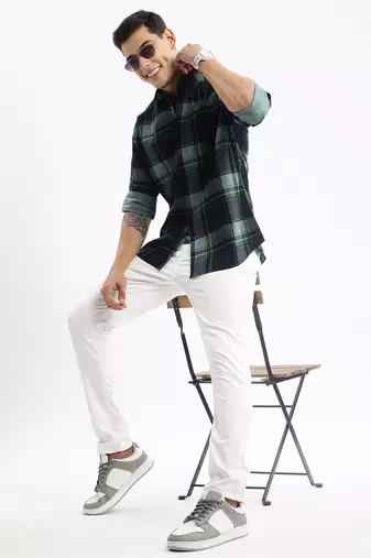 men's long sleeves tartan checks slim fit navy blue shirt