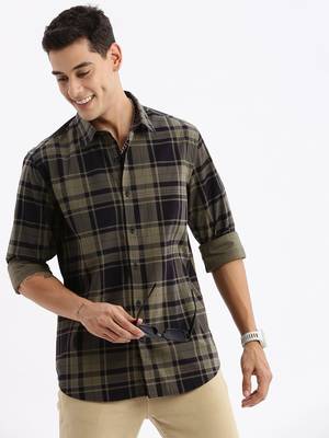 men's long sleeves tartan checks slim fit navy blue shirt 1