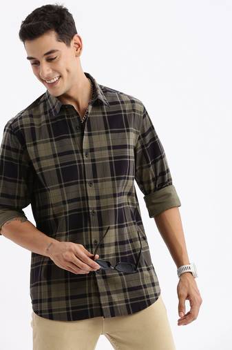 men's long sleeves tartan checks slim fit navy blue shirt